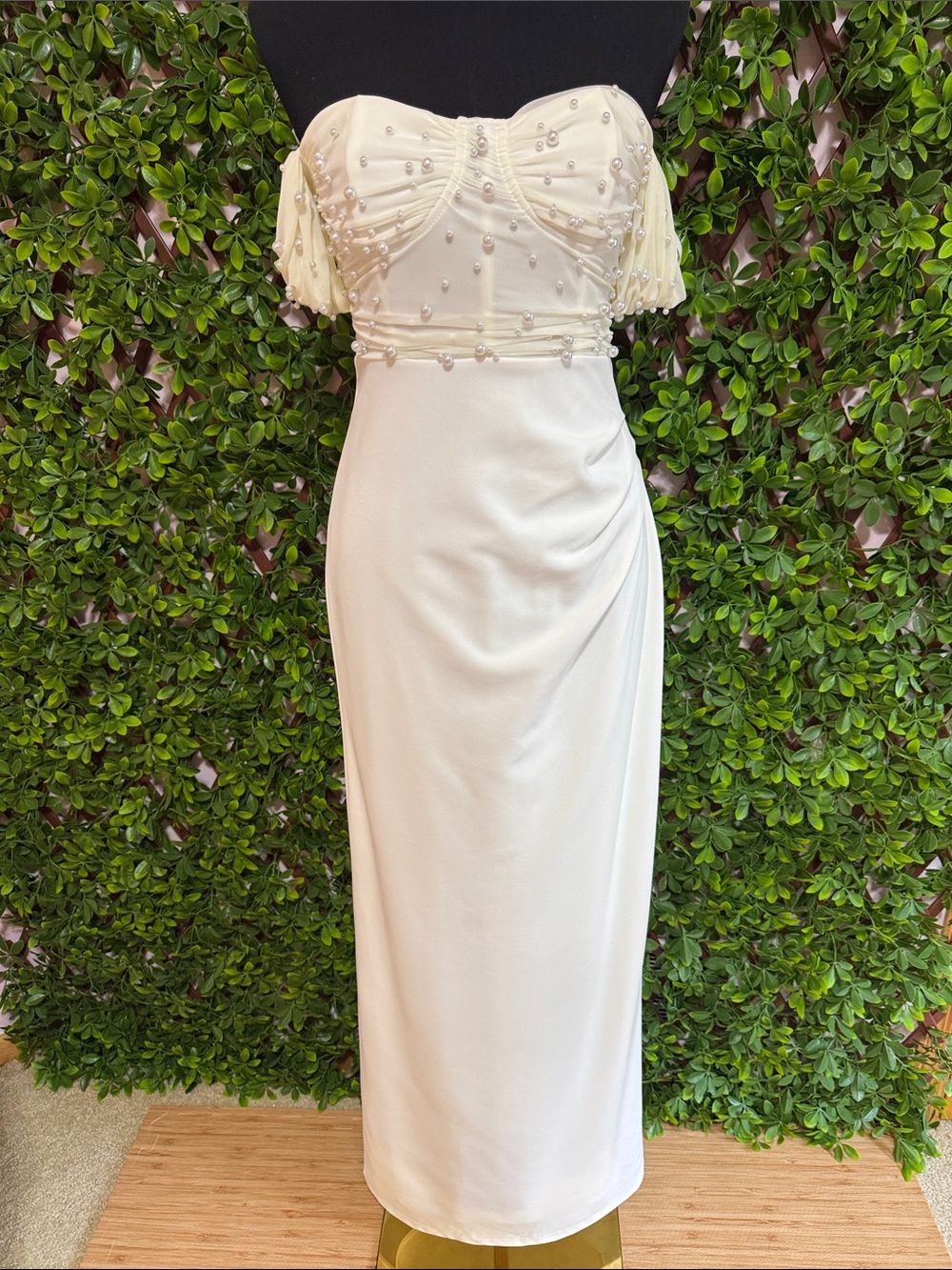 Immensely Charming White Mesh Pearl Bustier Maxi Dress